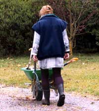  aubergine thermal legs, navy sleeveless fleece with wheelbarrow green trim... 